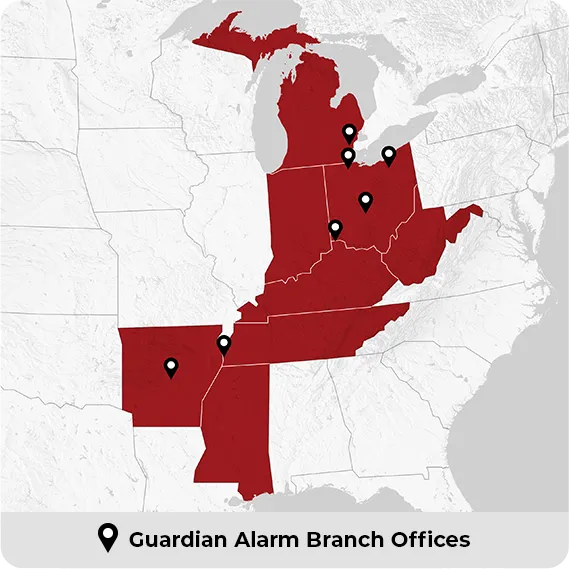A map of the mid-north American states, some red, with map pins for locations.